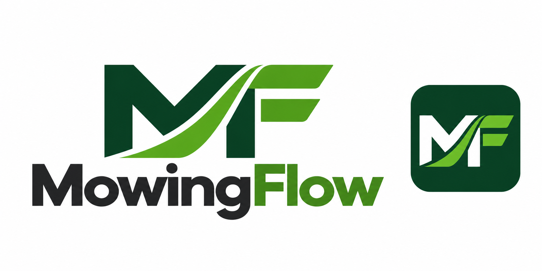 MowingFlow logo: MF monogram with a flowing mowing stripe, wordmark, and app icon